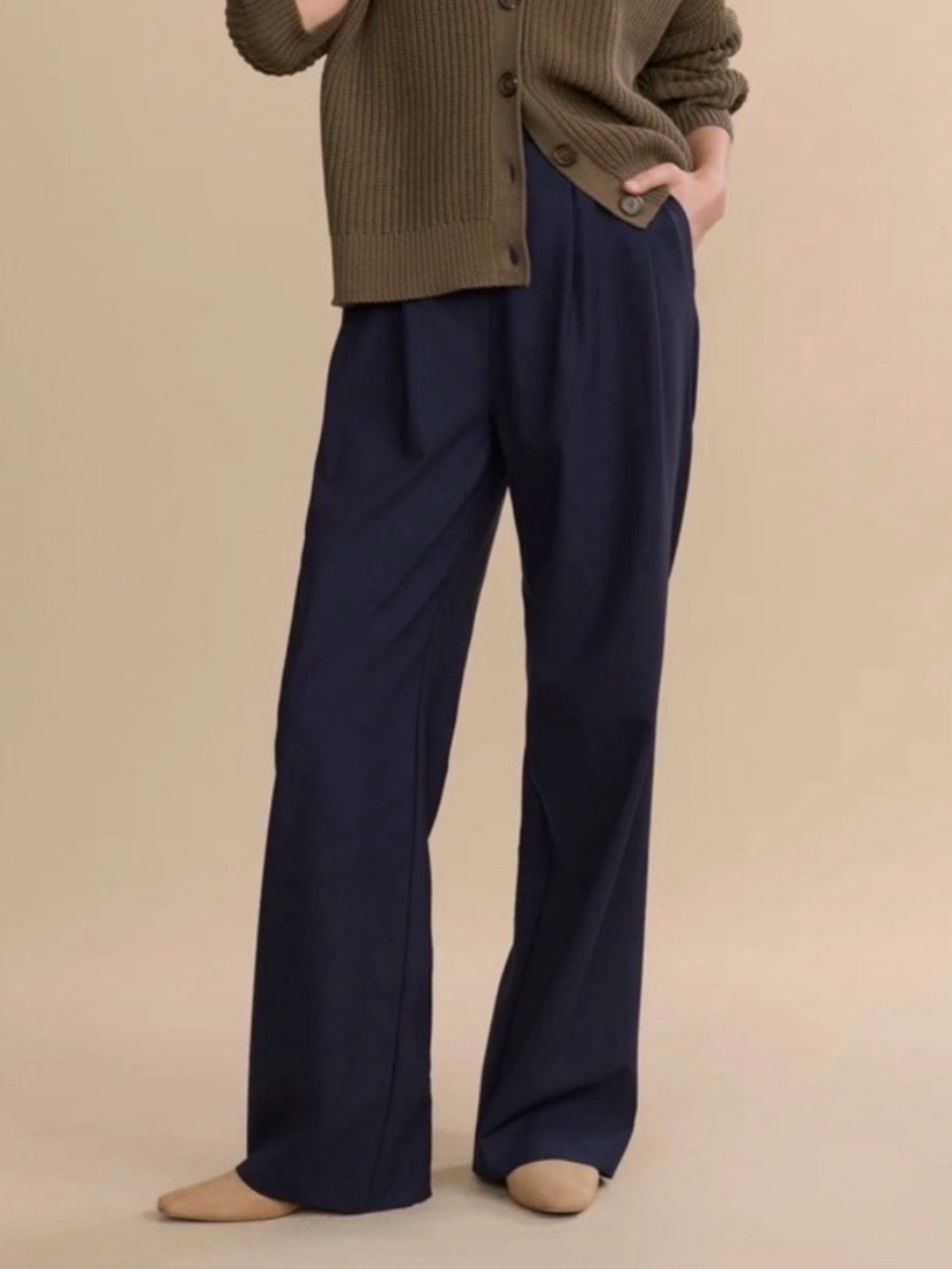 Jenni Kayne Relaxed Trousers Navy Blue Wide Leg Pants Silk Classic Chic Size 12